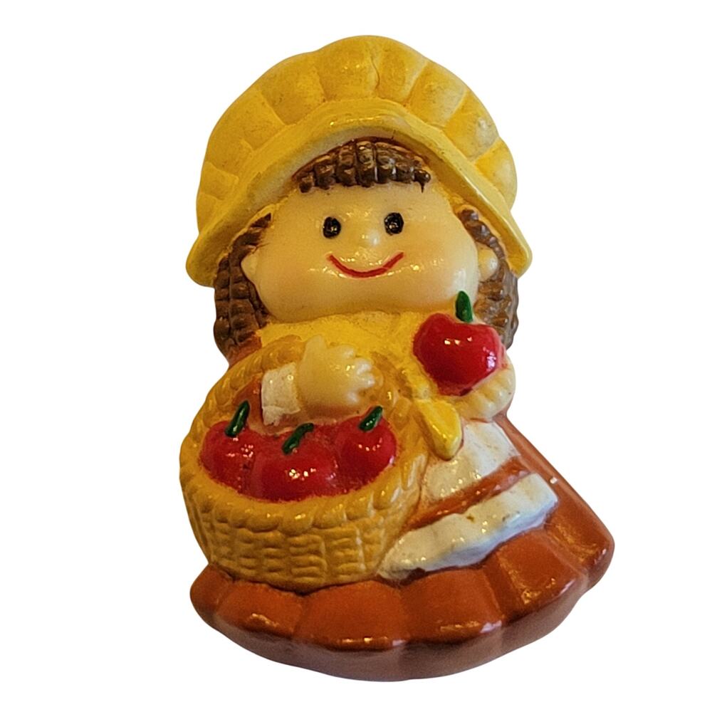 Vintage Russ Girl with Basket of Apples Pin Brooch Yellow Bonnet Hong Kong